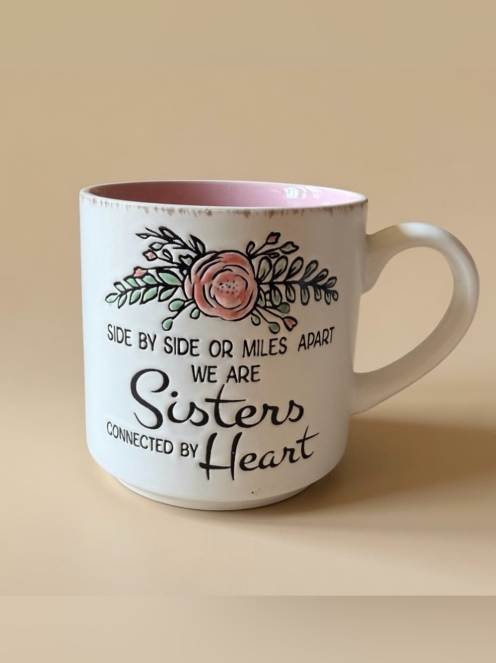 Sisters Connected by Heart White and Pink Ceramic Mug